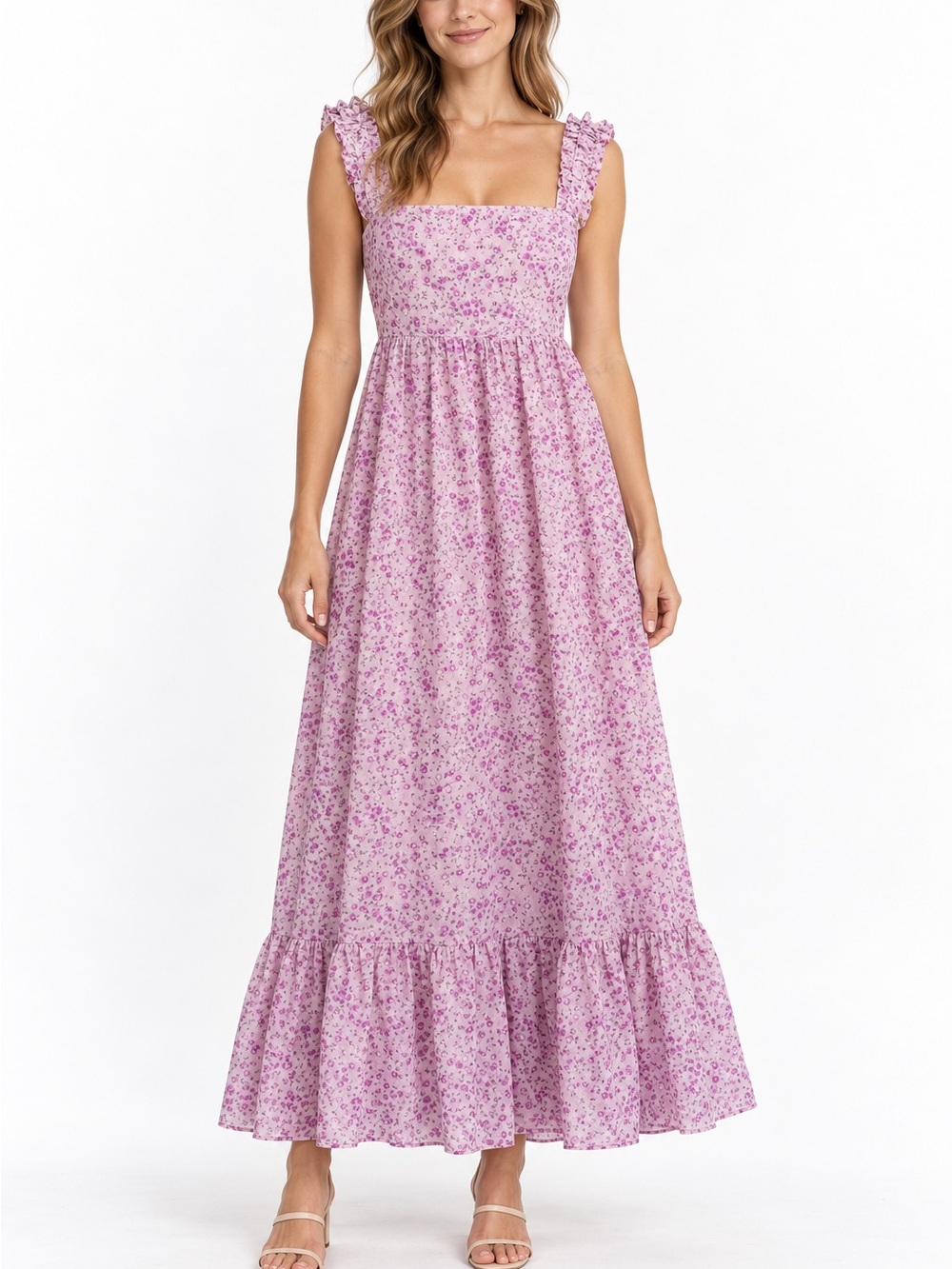 Altar’d State Pink Purple Floral Maxi Dress Ruffle Straps Cottagecore M